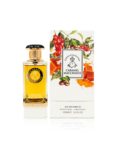 Caramel Macchiato Perfume Bottle Beside Box Against White Background